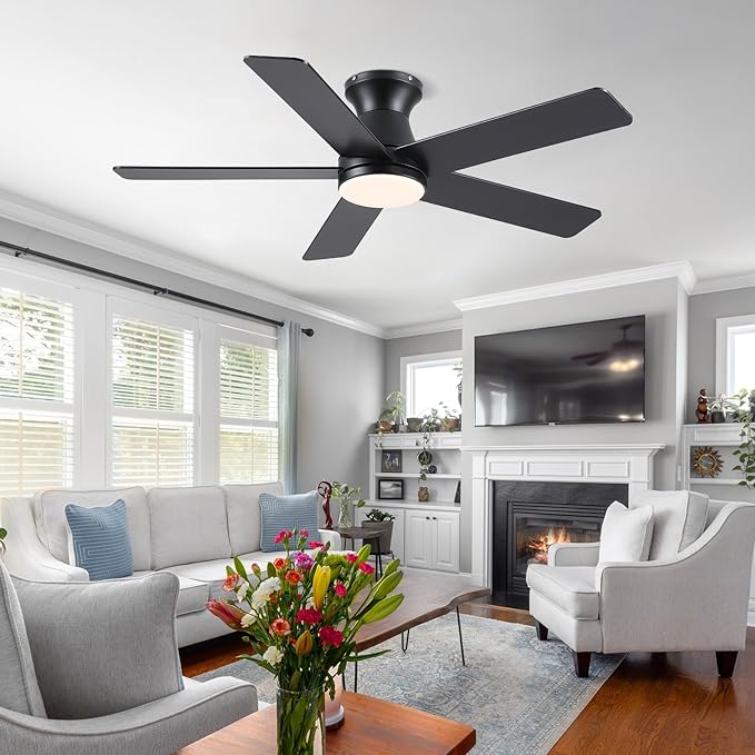46" Low Profile Ceiling Fans with Lights and Remote, Black Indoor Ceiling Fan Light with Quiet Reversible DC Motor,Modern Flush Mount Ceiling Fans with Dimmable LED for Bedroom Kitchen