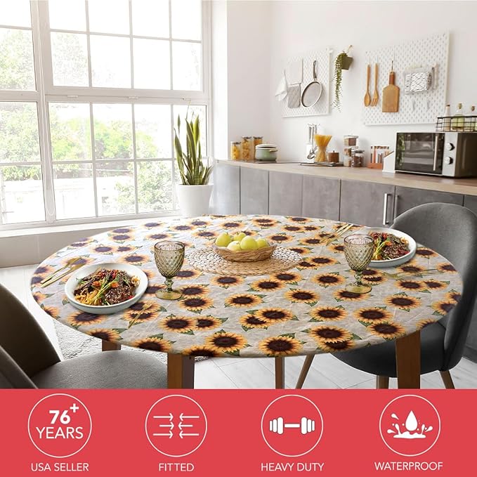 LAMINET Elastic Fitted Table Cover - Sunflower - Small Round - Fits Tables up to 44" Diameter