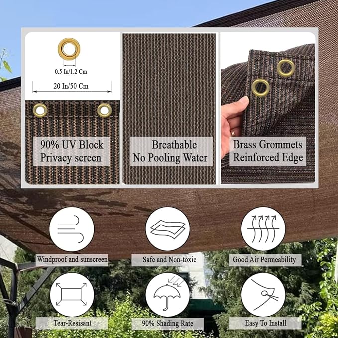 90% Sun Shade Cloth for Patio, 10x30 Ft Breathable Sunshade Fabric for Garden, UV Resisant & Privacy Protection Shade Screen for Pergola, Backyard, Deck, Pool, Balcony, Mocha