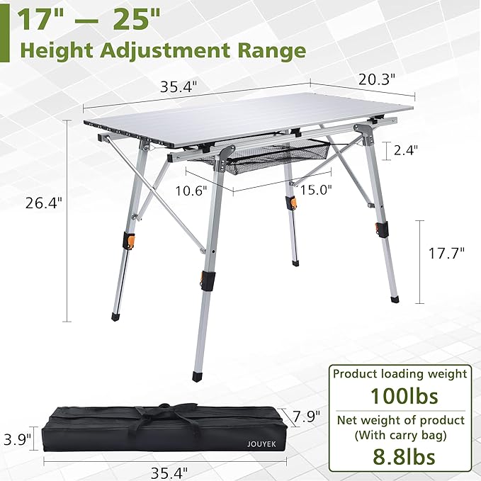 Folding Outdoor Camping Table with Adjustable Legs, Lightweight Aluminum Roll Up Camp Table with Carrying Bag, Mesh Storage Organizer, for Cooking, Picnic, Beach, Backyards, BBQ, Party