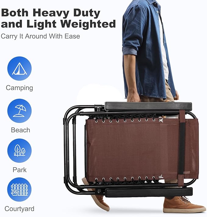 Nazhura Set of 2 Relaxing Recliners Patio Chairs Adjustable Steel Mesh Zero Gravity Lounge Chair Beach Chairs with Pillow and Cup Holder Khaki (Brown)