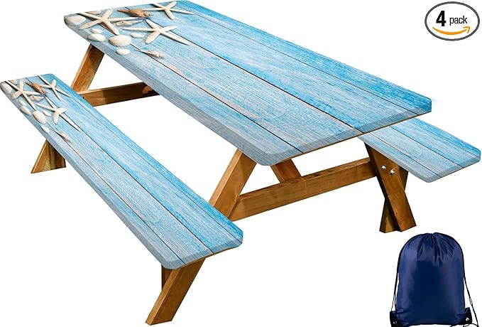 CAPSCEOLL Picnic Table Cover with Bench Covers Waterproof Camping Tablecloth Sea Shells Outdoor Table Protector with Drawstring Bag for Camping Essentials, 72X30in, Summer Blue Wood