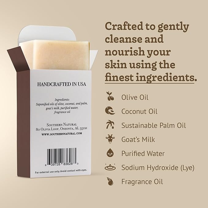 Southern Natural Goat Milk Soap Bar - Oatmeal Milk & Honey 3 Pack - For Dry Sensitive Skin. Natural, Handmade Soap For Men, Women, Kids, Face & Body