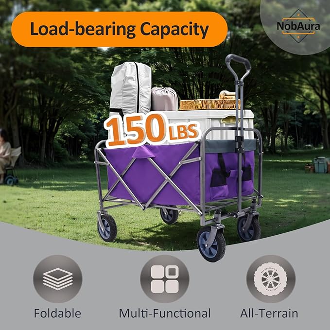 Collapsible Wagon Cart, Large Capacity Utility Foldable Garden Cart, 150 lb Heavy Duty Outdoor Wagon with All-Terrain Wheels, for Camping, Garden,Shopping, Sports, Purple