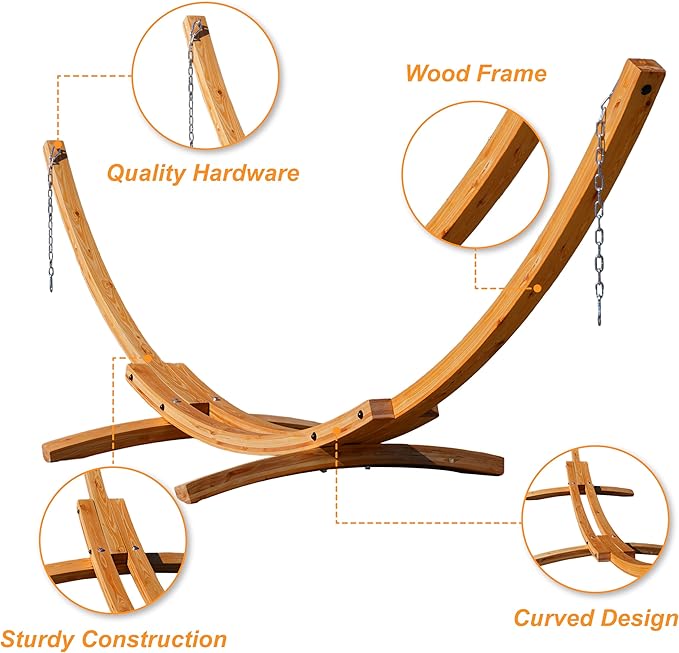 Lazy Daze Hammocks 12 FT Double Quilted Fabric Hammock and 13 FT Natural Wooden Arc Stand, with Spreader Bar, Removable Pillow, 2 Person Hammock for Outdoor Patio Outdoor, 450 lb Capacity, Dark Gray