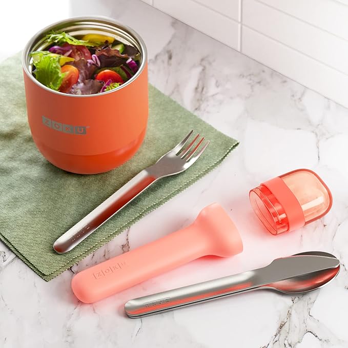 ZOKU Pocket Utensil Set, Peach - Stainless Steel Fork, Knife, and Spoon Nest in Case - Portable Design for Travel, School, Work, Picnics, Camping and Outdoor Home Use
