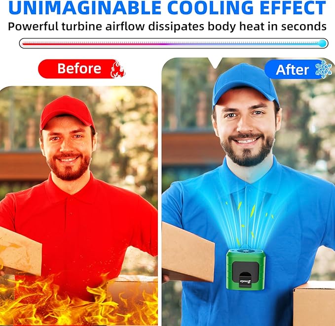 Zeadio Portable Waist Clip Fan, 3 Speeds 10000mAh Operated Hands-free Wearable Necklace Fan, with lighting function for Hot Flashes Home Office Travel Outdoor Sports - Green