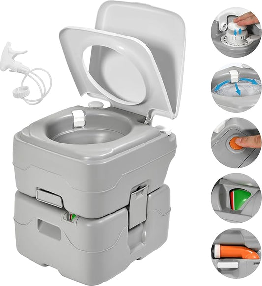 YITAHOME Portable Toilet Camping Porta Potty 5.8 Gallon with Hand Sprayer and Carry Bag, Leak-Proof Indoor Outdoor Toilet with Level Indicator, Handle Pump, Rotating Spout, for RV, Boat and Trips
