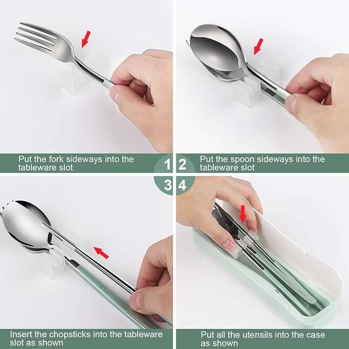 DEVICO Travel Utensils With Case, 18/8 Stainless Steel Camping Utensils, Reusable Portable Silverware Cutlery Set For Lunch Box, Include Fork Spoon Chopsticks