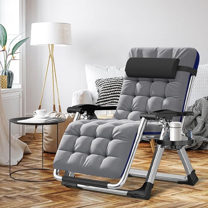 ABORON Oversized Zero Gravity Chair,29In XL Premium Outdoor Lawn Folding Lounge Chairs,Sturdy Adjustable Reclining Patio Chairs with Removable Cushion,Headrest & Tray