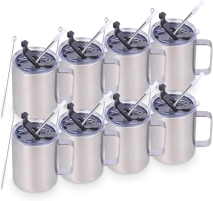 Volhoply 12oz Insulated Leakproof Coffee Mug with Flip & Straw Lid Bulk 8 Pack,Double Wall Vacuum Stainless Steel Travel Tumbler Cup with Handle,Reusable Camping Keep Cold/Hot(Silver,8 Set)