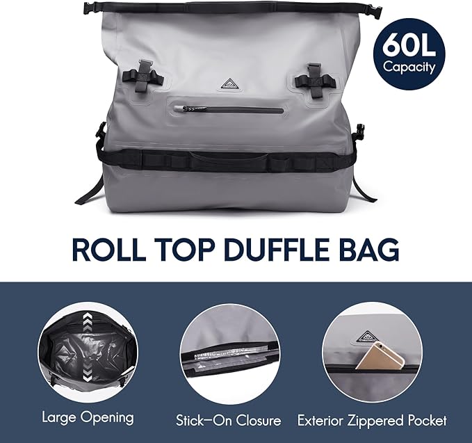 Haimont Large Waterproof Duffel Backpack Roll-Top Heavy Duty Dry Duffle Bag for Boating, Travel, Motorcycle, Kayaking, Camping, 60L