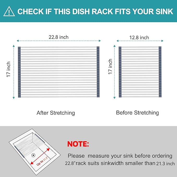 BBXTYLY Extra Large Expandable Roll Up Dish Drying Rack,Over The Sink Drying Rack Sink Cover Kitchen Sink Accessories Kitchen Rolling up Stainless Steel Drainer, Foldable,Rollable（Grey，22.8''-17''）