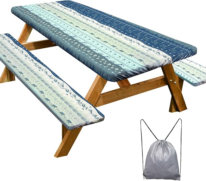 Picnic Table Cover with Bench Covers Camping Essentials Waterproof Windproof Camping Tablecloth with Drawstring Bag, Fitted Rectangle Tables and Seats, 72in, Bohemian