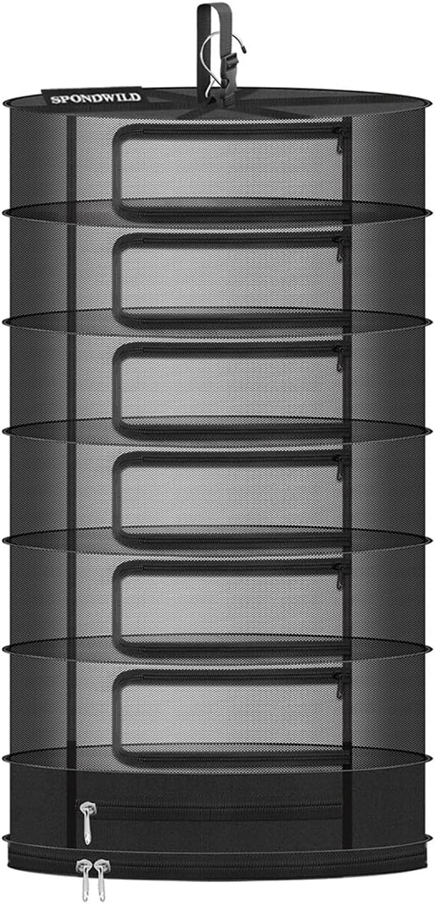 Herb Drying Rack Hanging Mesh Net，6+1 Layer Plant Drying Rack with Door-Type Zipper & Closed Storage Compartment for Folding Basket Dryer Fit in Grow Tents、Garden Outdoor