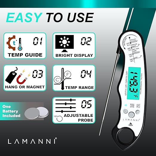 Instant Read Meat Thermometer for Cooking, Fast & Precise Digital Food Thermometer with Backlight, Magnet, Calibration, Foldable Probe, Waterproof Grill Thermometer for Deep Fry. (White Black)