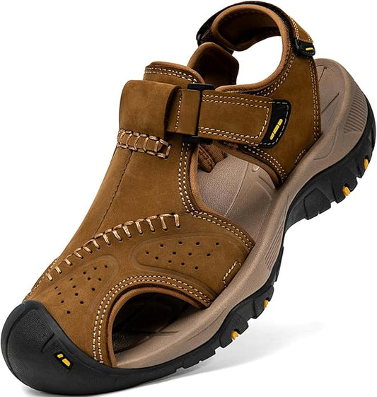 Men's Sport Sandals Closed Toe Leather Hiking Athletic Walking Outdoor Beach Trail River Fishing Water Shoes Lightweight Comfortable Waterproof