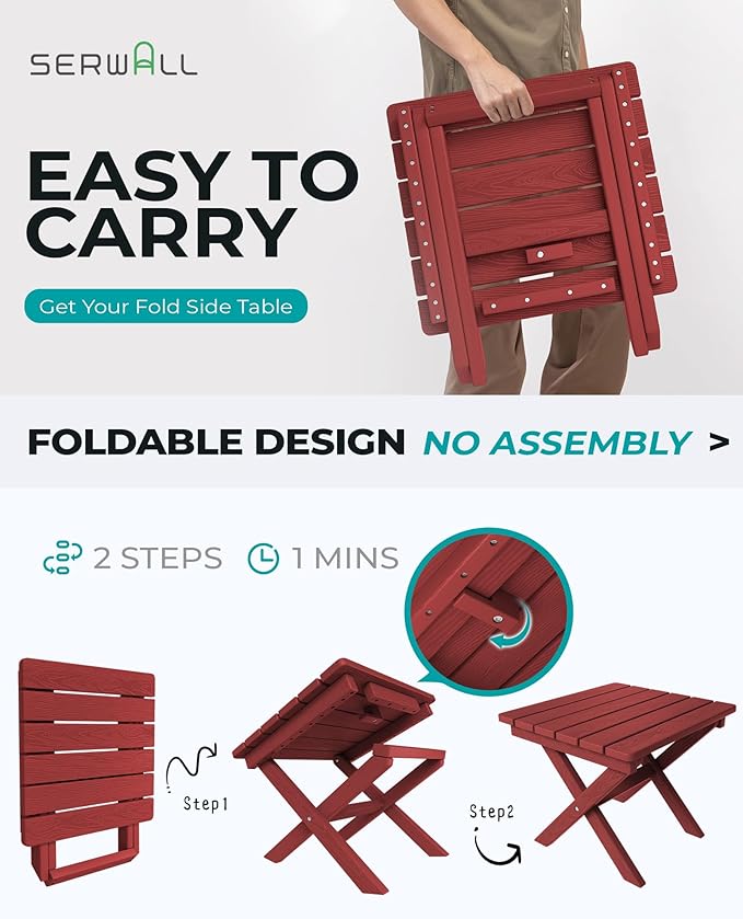 SERWALL Folding Adirondack Side Table, HDPE Small Outdoor Table, No Assembly Required End Table for Backyard Pool Porch Garden Lawn, Red