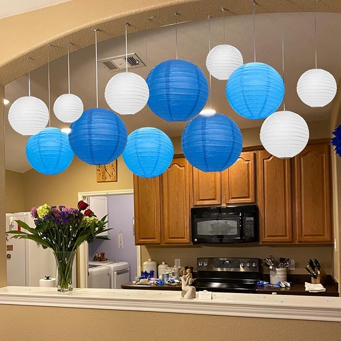 12Pcs Round Paper Lanterns Assorted Sizes (6" 8" 10" 12") for Home Decor, Restaurant, Church, Wedding, Birthday Party Decorations, Hanging Chinese Japanese Paper Lantern Lamps (Blue Series)
