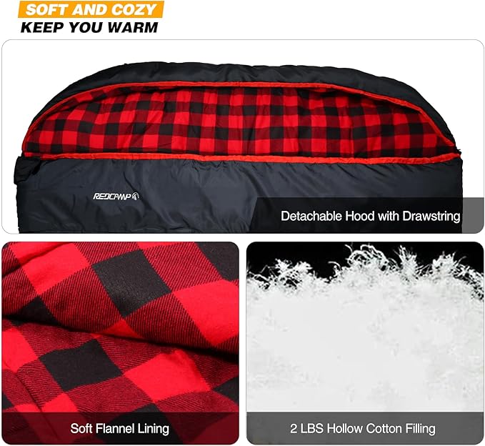 REDCAMP Cotton Double Sleeping Bag for Adults, 2 Person Cold Weather Queen Size Flannel Sleeping Bags for Camping, Black/Navy Blue