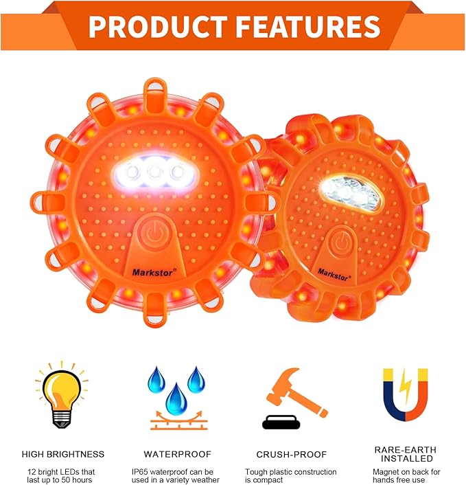 3 Pack of LED Emergency Car Kit Flashing Warning Lights Roadside Security for Vehicle Truck Boats with Hook, Amber Safety Flares Warning Lights Disc Magnet (Battery Not Included)