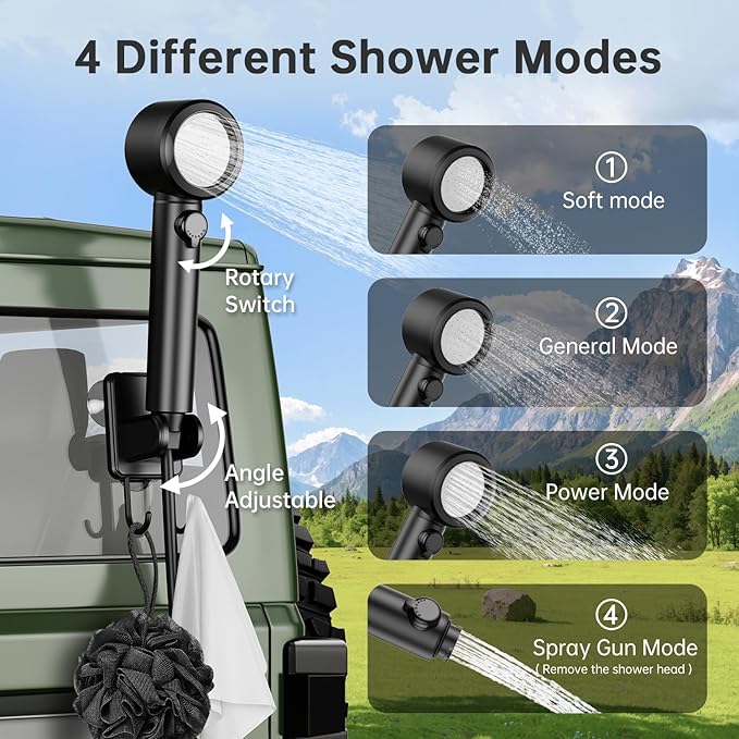 Portable Shower - 8000mAh Rechargeable Camping Shower Pump with Bath Sponge, 4 Spray Modes, IPX8 Waterproof, Ideal for Outdoor Camping, Travel, Car Washing, Pet Bathing, and Watering Plants