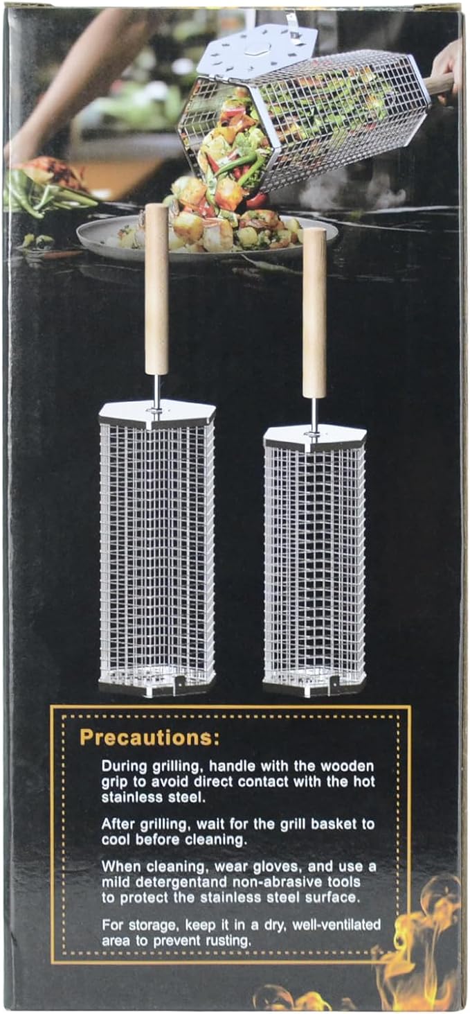 Rolling Grill Baskets (2PCS, Hexagon), Removable Wooden Handle, 304 Stainless Steel, Nesting Grilling Net, BBQ Accessories Tools for Vegetables Shrimp, Outdoor Cooking Camping, Birthday Gifts for Men Dad Husband