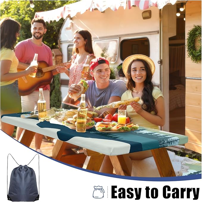 Smiry Picnic Table Cover with Bench Covers, Waterproof Elastic Fitted Tablecloth for 6 Foot Tables, Washable Polyester Tablecloths for Camping, Indoor & Outdoor (Green Blue, 30x72 Inch 3-pc Set)