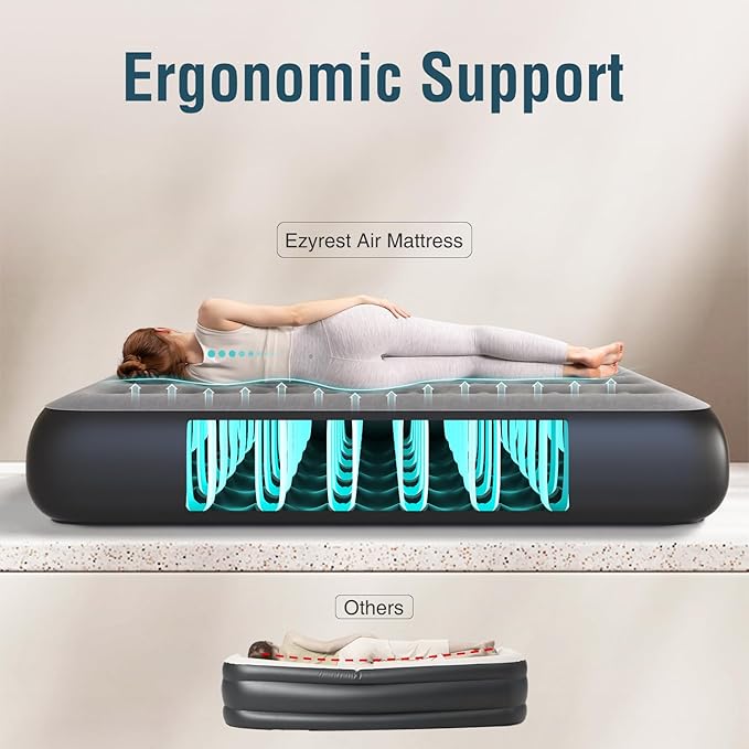 Air Mattress Queen with Built in Pump 13" Double Height Inflatable Mattress with Soft Flocked Top & Carry Bag Adjustable Blow Up Mattress Portable Air Bed for Guest Indoor