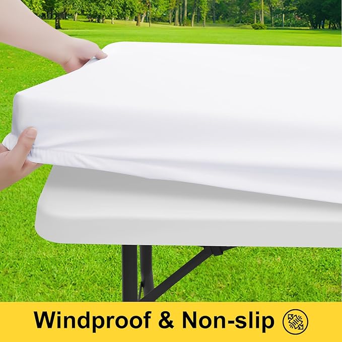 Smiry Picnic Table Cover with Bench Covers, Waterproof Elastic Fitted Polyester Tablecloths for 6 Ft Rectangle Tables, Washable Windproof Tablecloth for Camping, RV & Outdoor (White, 30x72 Inches)