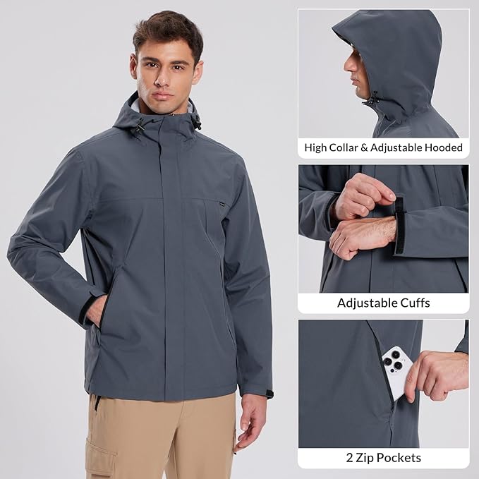 baleaf Men's Rain Jacket Waterproof Breathable Raincoat with Hood for Outdoor Hiking Traveling Cycling Windbreaker