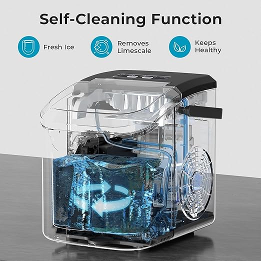 Countertop Ice Maker with Handle, 26.5lbs in 24Hrs with 2 Sizes, 8 Ice Cubes Ready in 6 Mins, Auto-Cleaning Small Portable Ice Maker with Basket and Scoop for Home/Office/Kitchen/Camping/RV, Black