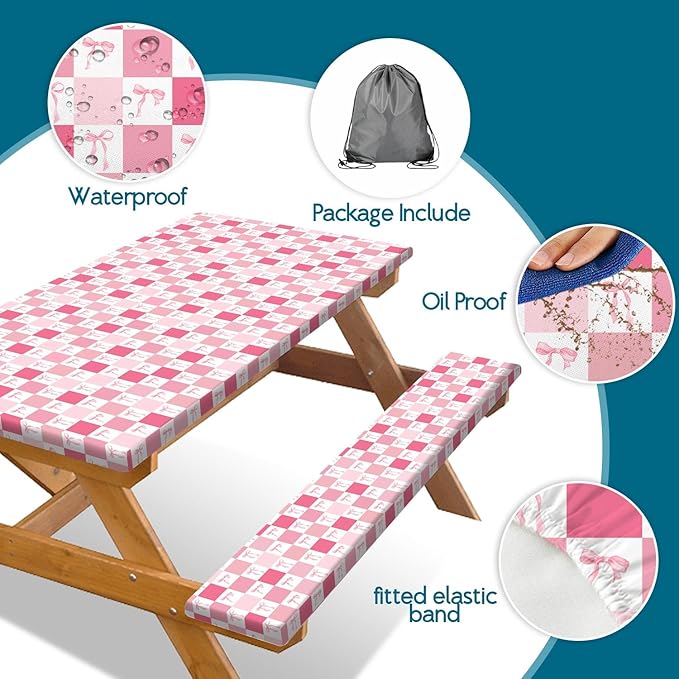 Picnic Table Cover with Bench Covers, Checkered Bownot Elastic Edges Waterproof Windproof Camping Essentials, Camping Fitted Tablecloth with Drawstring Bag, 72in, Pink White