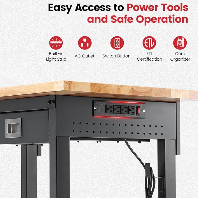 Workbench with Wheels 60 x 22 Inch Heavy Duty Rubber Wood Tabletop Work Bench with Pegboard, Drawers, Power Outlets Adjustable Height Work Table for Woodworking Shop, Home, Office
