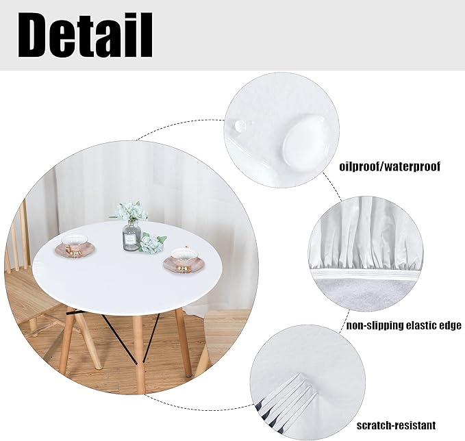 LUSHVIDA Round Waterproof Table Cover Elastic Vinyl Fitted Tablecloth Elastic Edged Plastic Table Cloth (White, Best for Up to 36"-44" Round)