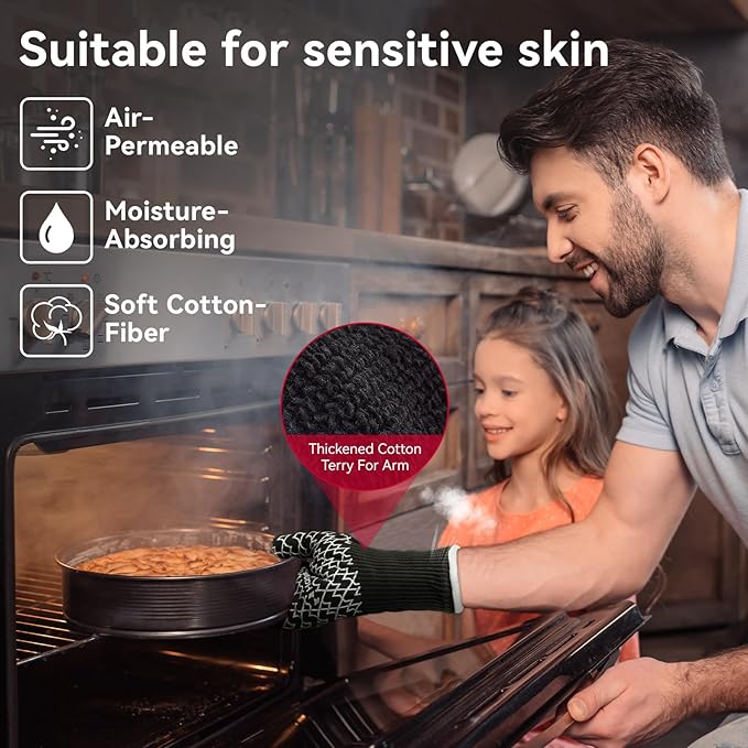 HandLove BBQ Gloves, Oven Gloves with Fingers – Heat Resistant Gloves for Grilling | Silicone Grip, Long Cuff Mitts - Kitchen & Outdoor Barbecue, Cooking, Baking, Black,S