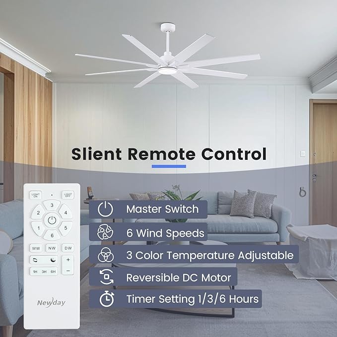 Newday 72 inch Large Ceiling Fans with Lights and Remote, Indoor/Outdoor White Ceiling Fan for Living Room Patio, 6 Speeds Slient Reversible DC Motor, 3CCT, Timer, 3 Downrods, 8 Blades