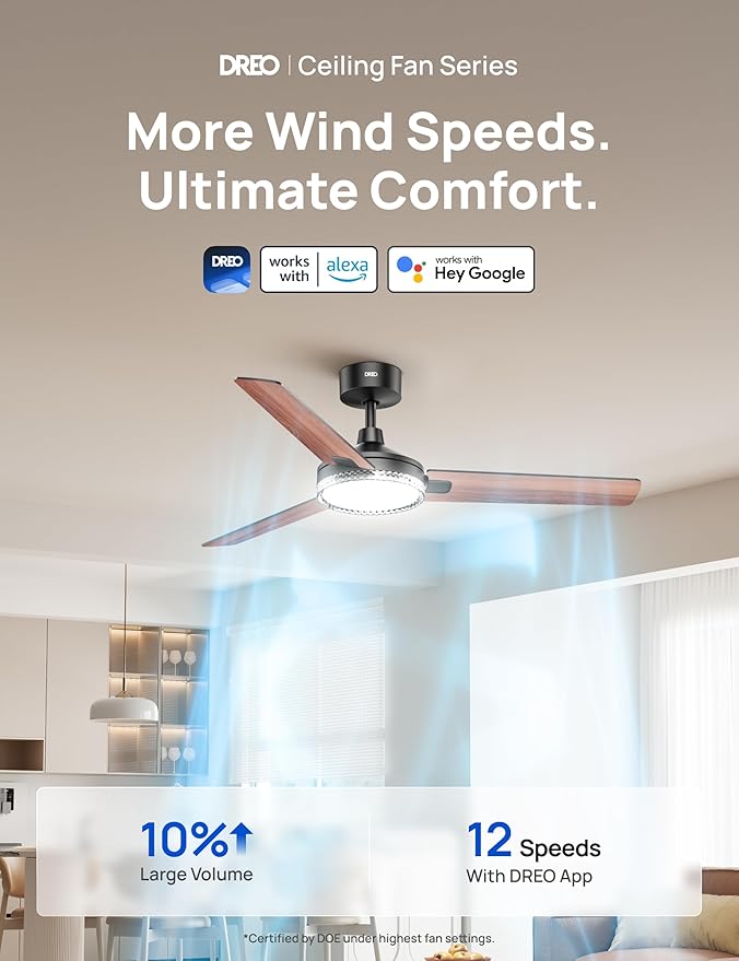 Dreo Smart Ceiling Fans with Lights, 52 Inch Black Ceiling Fan, 12 Speeds & 3 Fan Modes, Stepless Color Tones, Dimmable LED Light, 1-12H Timer, Quiet DC Motor, Remote/APP/Alexa/Wall Switch Control