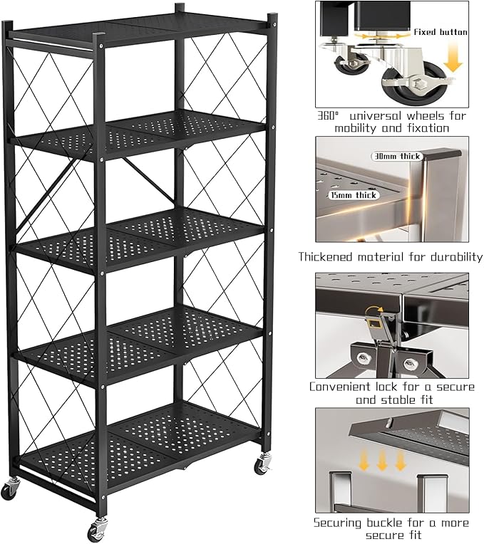4-Tire Storage Rack, Height Adjustable, 32 * 13 * 50in Foldable Metal Garage Storage Shelves Organizer, Portable Metal Kitchen Shelving, Closet Shelving Unit Bakers Rack (Green 4 Shelfs)