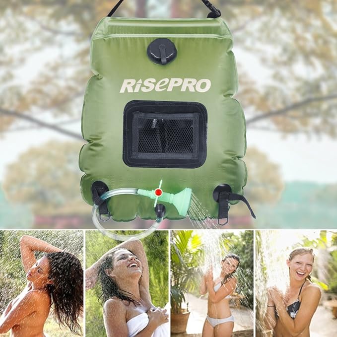 Solar Shower Bag, RISEPRO 5 gallons/20L Solar Heating Premium Camping Shower Bag Hot Water with Temperature 45°C Removable Hose on/Off Switchable Shower Head Hiking Climbing Summer Shower K8
