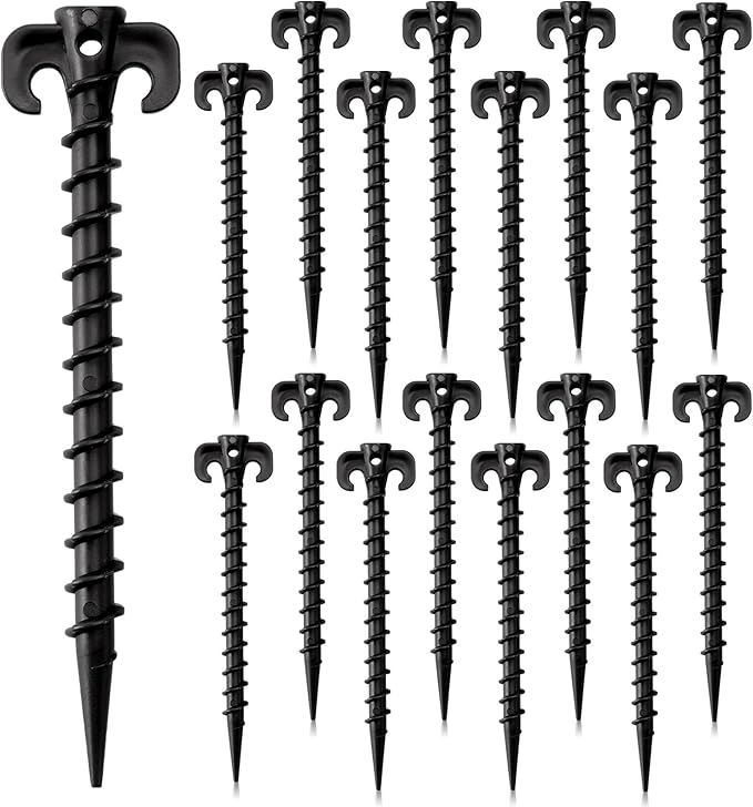 AUGSUN 16 Pack Plastic Tent Stakes Heavy Duty, Black Sand Stakes for Beach 7.5 Inch Screw in Tent Stakes Spiral Ground Anchors Tent Pegs Canopy Stakes for Inflatables Outdoor Camping Hiking Garden