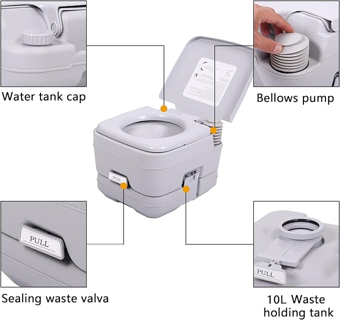JAXPETY 2.6 Gallon Outdoor Portable Toilet for RV Travel, Camping, Boating & Car, Leak-Proof Cassette Toilet, Grey