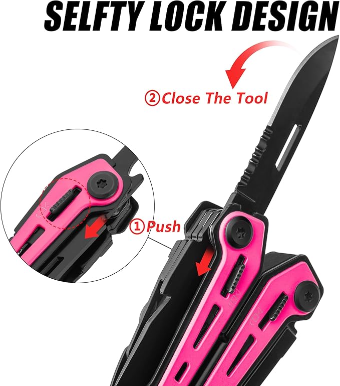 FLISSA 16-in-1 Pink Multi Tool Pliers, Gift for Father, Stainless Steel EDC Multitool with Pocket Knife, Belt Clip and Oxford Pouch, for Camping Survival Outdoor Activities