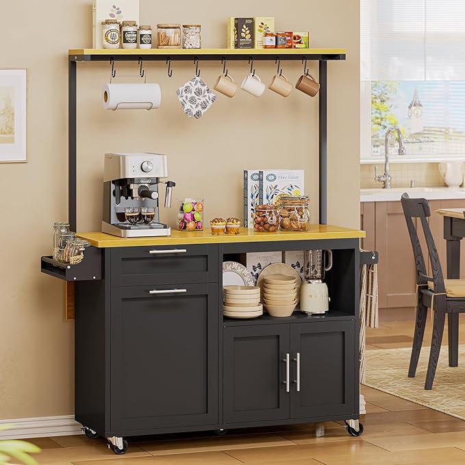 Itaar Rolling Kitchen Island Table on Wheels with Drop Leaf, 40" Mobile Kitchen Carts with Trash can Storage, Storage Cabinet, Drawer, Spice/Towel Rack, Black