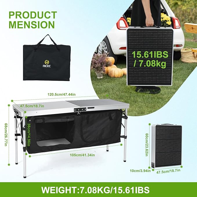 Nice C Camping Table, Storage Camping Table with Solar Panels, Storage Kitchen Tables, Folding Tables, 45W Output, w/USB, Type-C & DC Charging Cable, For Outdoor, Beach, BBQ, Picnic, Cooking, Festival