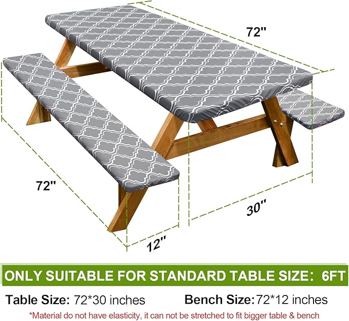 Picnic Table Cover with Bench Covers Camping Essentials Waterproof Windproof Camping Tablecloth with Drawstring Bag, Fitted Rectangle Tables and Seats, 72in, Grey