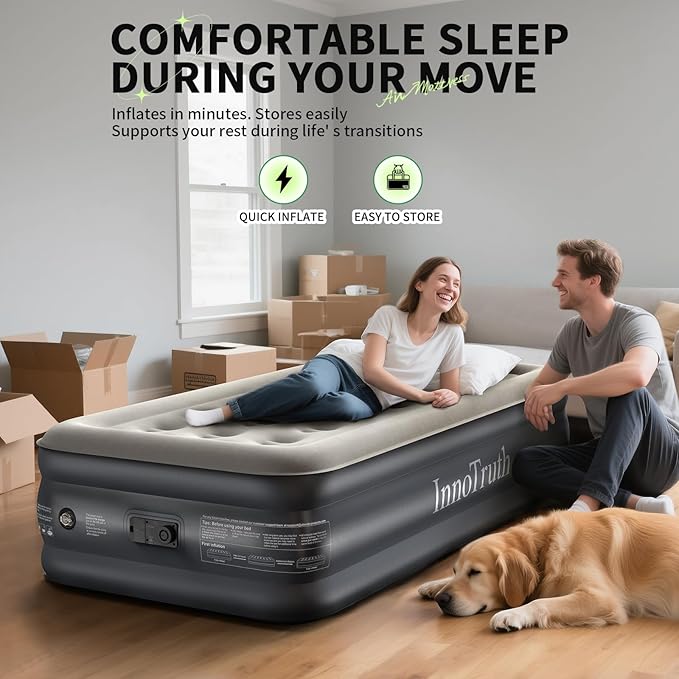 InnoTruth Twin Air Mattress with Built in Pump, Inflatable Blow up Mattress, 18" Raised Colchones Inflables Air Bed, Back to School Supplies, Ideal for Home and Outdoor Camping, 300lb Weight Capacity