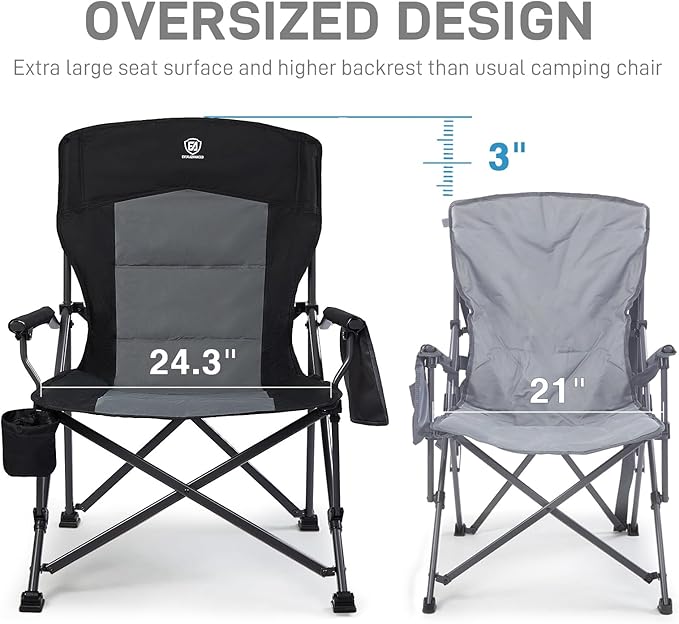 EVER ADVANCED Oversized Folding Camping Chair for Adults, Heavy Duty Lawn Chair with Side Pockets, Portable Collapsible Quad Chair for Outside, Support Up to 500lbs