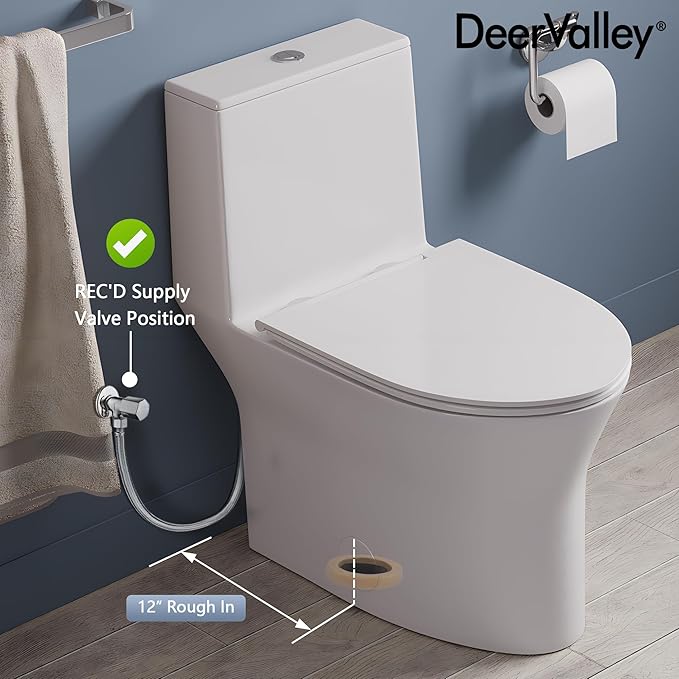 DeerValley Compact One Piece Toilet with Comfortable Seat Height, Modern Standard Toilet for Bathroom, Dual Flush 0.8/1.28 GPF and MAP 900g, 12'' Rough-In Skirted Toilet, DV-1F0250