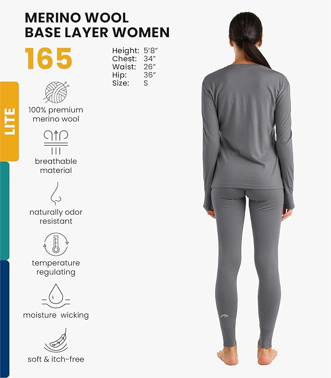 Merino.tech Merino Wool Base Layer Women Set - Heavyweight, Lite, Midweight Merino Thermal Underwear For Women Top, Bottom